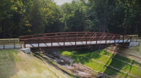 The newly built bridge above Buckhorn Creek. The bridge is part of a $2.2 million project to restore that creek’s shoreline and banks and removed a dam that separated it from the Muskegon River.