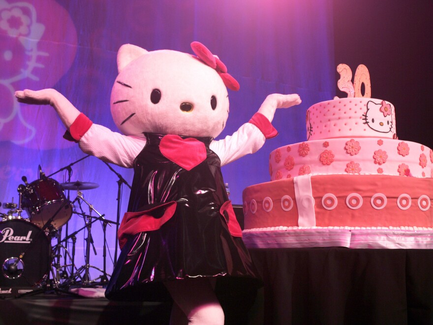 A Hello Kitty 30th anniversary party was held in Hollywood in 2004. The popular Sanrio character has "the flexibility to kind of be everywhere, be anyone, be anything," says University of Hawaii anthropologist Christine Yano.