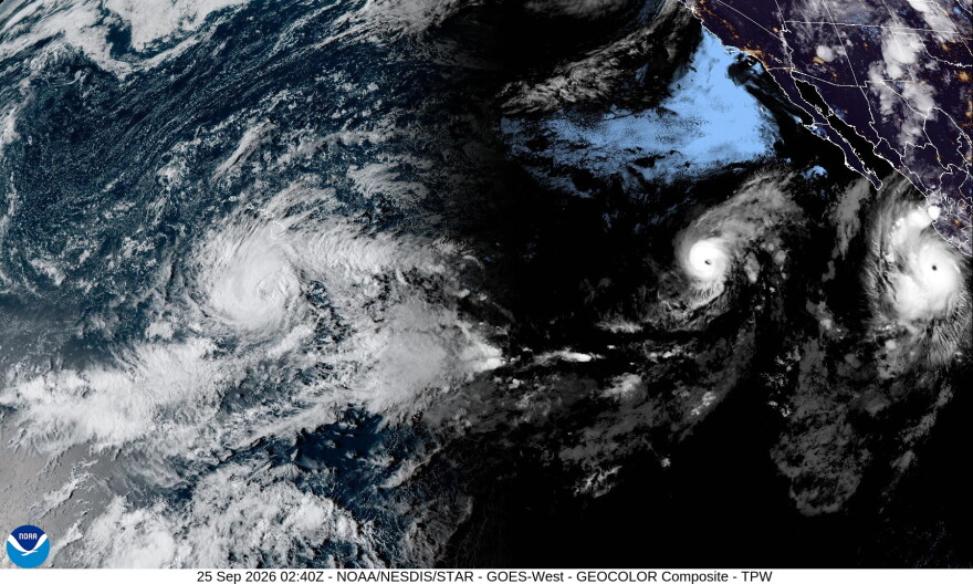 A satellite image shows Hurricane Nolo near the Hawaiian Islands in the afternoon on Thursday, Sept. 24, 2026.