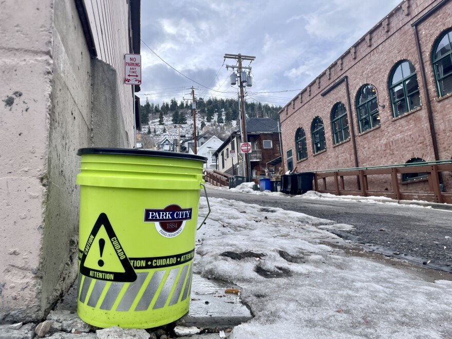 Park City Municipal has ice melt buckets lining Main Street.