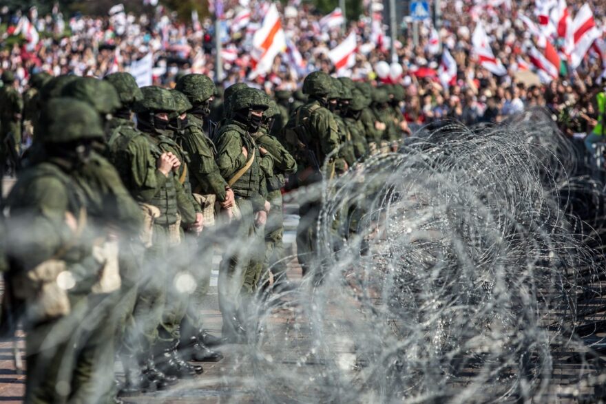 Tens of thousands of opposition supporters marched through Belarus calling for an end to strongman Alexander Lukashenko's rule. (Photo by -/TUT.BY/AFP via Getty Images)