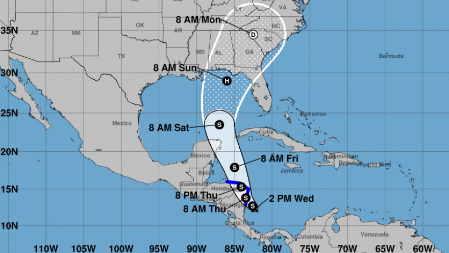 Tropical Depression 16 is heading for the coasts of Nicaragua and Honduras — and it is predicted to become a hurricane after it reaches the Gulf of Mexico, the National Hurricane Center says.