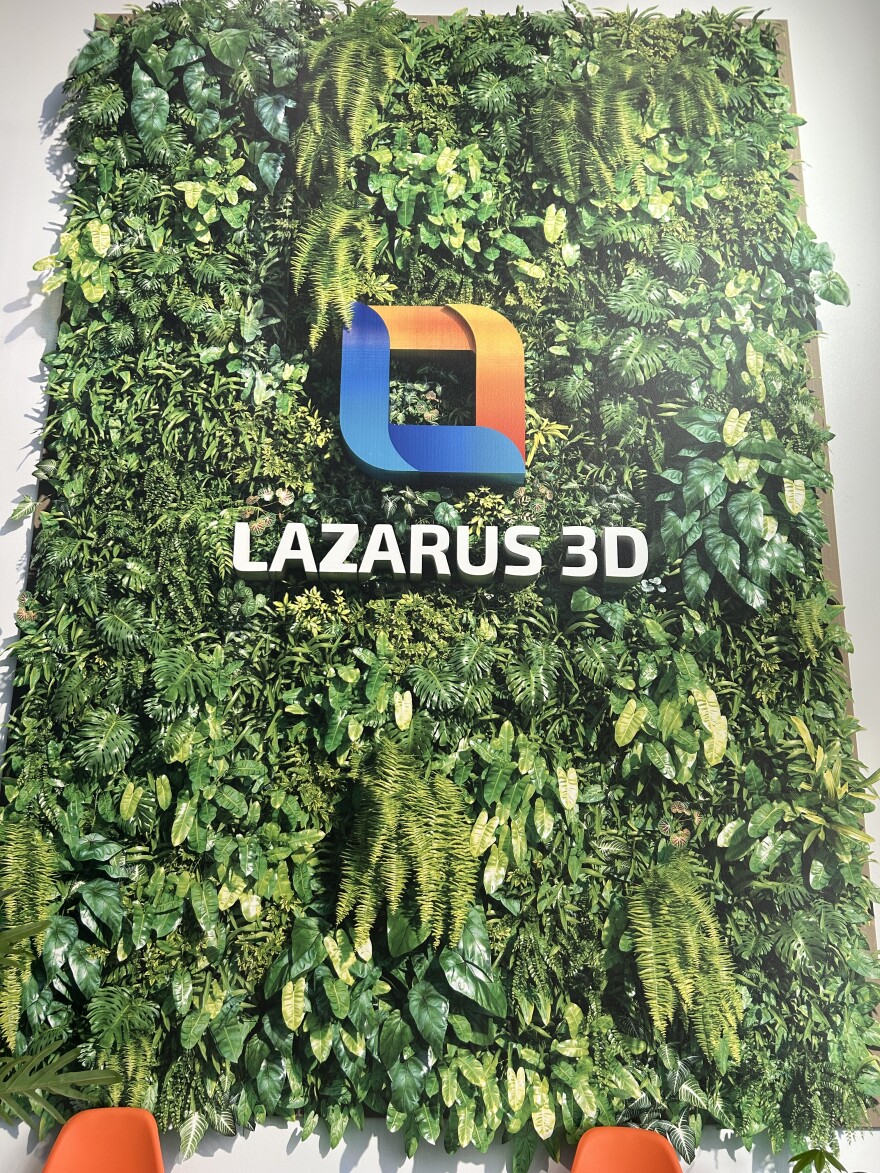 A 3D rendered mural welcomes visitors to Lazarus 3D's Philomath facility.