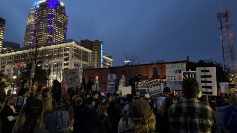 People gather for a “No Kings” protest at First Ward Park after the killing of U.S. citizen Renee Nicole Good.