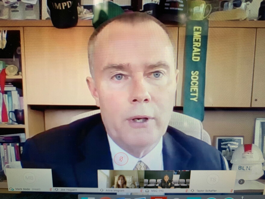 Indianapolis Mayor Joe Hogsett speaks during a virtual press conference announcing public safety reform measures.