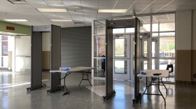 Metal detectors are placed at a school entrance in Winston-Salem. Districts including Winston-Salem/Forsyth County and Guilford County employ metal detectors at large school events. Surry County Schools is implementing that change starting this week. AMY DIAZ/WFDD