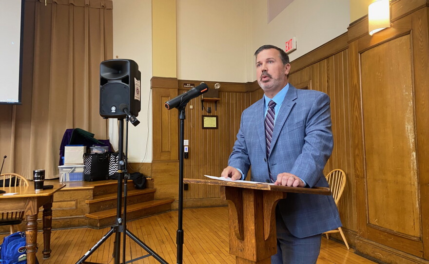 State Representative Aaron Saunders, who represents western Mass. communities near the Quabbin, spoke at state water commission hearing in Belchertown on Sept 30, 2026. He opposes a request by the Massachusetts Water Resources Authority to take 20 million gallons more water a day.