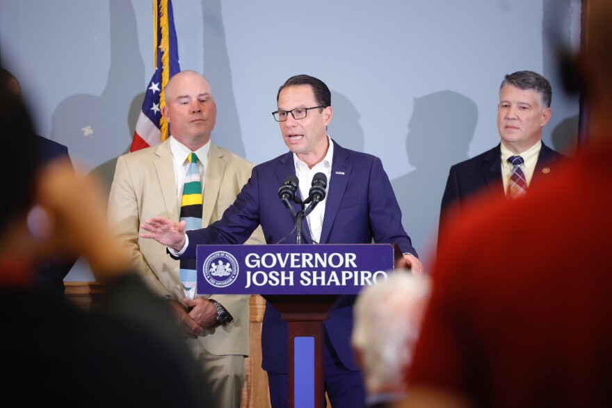 During a visit to the Pittston Memorial Library in Luzerne County, Governor Josh Shapiro, center, alongside State Sen. Marty Flynn, left, and State Rep. James Haddock, left, highlight the Shapiro Administration’s plans to expand broadband access across the Commonwealth using more than $1.16 billion in federal funding.