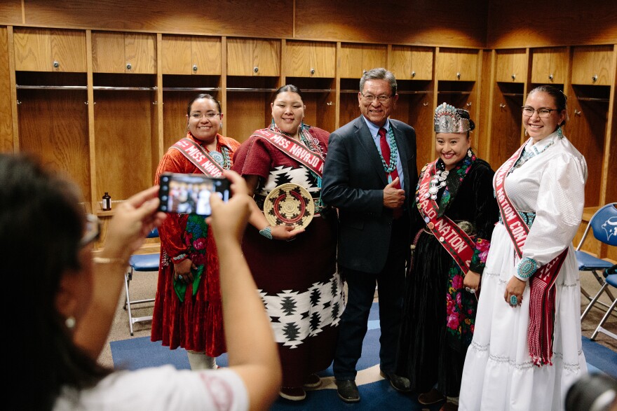 From left: Martinez, Montoya, Navajo Nation President Russell Begaye, Littleben and Jake take a photo prior to the coronation ceremony. The Office of Miss Navajo reports to the Office of the Vice President of the Navajo Nation, making the position a highly coveted leadership and ambassador role.