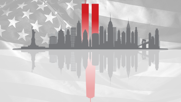  Art rendering of twin towers and New York city skyline