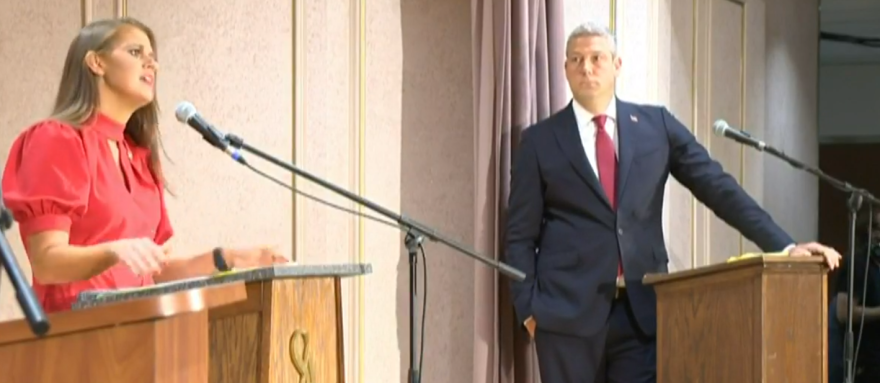 Candidates for Ohio's 13th Congressional District, former state Rep. Christina Hagan and incumbent Rep. Tim Ryan engaged in a debate with Libertarian candidate Michael Fricke (not pictured) at Stambaugh Auditorium in Youngstown Monday, Oct. 12, 2020. [WFMJ]