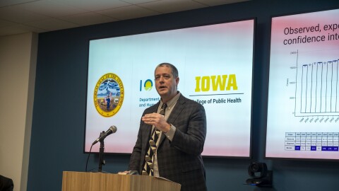 Jacob Oleson, a professor of biostatistics at the University of Iowa College of Public Health, presents preliminary findings from a state-funded research project looking into the cause of Iowa's high cancer rates.