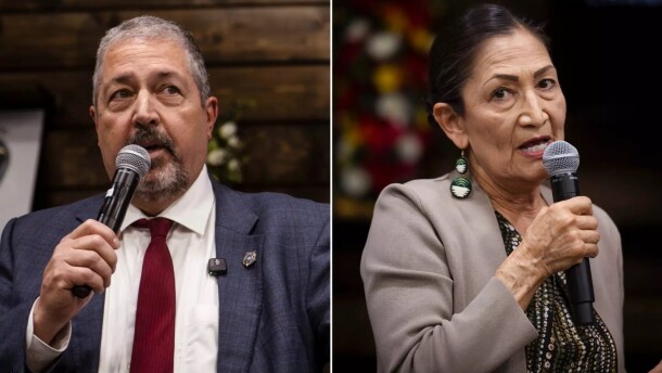 Democratic gubernatorial hopefuls Sam Bregman, left, and Deb Haaland are shown speaking at a candidate forum hosted by the Hispano Chamber of Commerce. Haaland held a solid lead over Bregman in a recent Journal Poll.