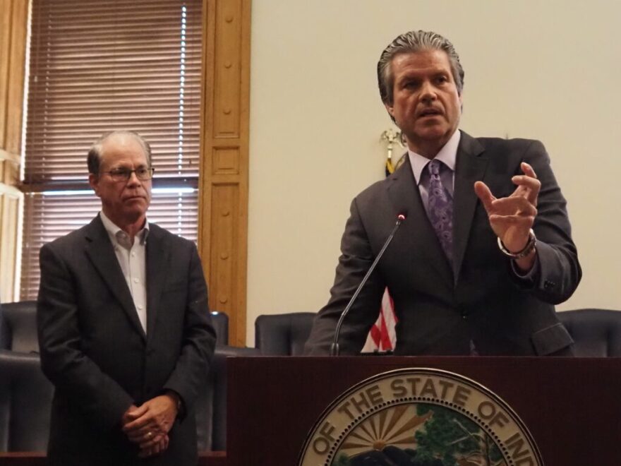 Sen. Ryan Mishler, R-Mishawaka, details the final budget compromise while Gov. Mike Braun listens on April 23, 2025.