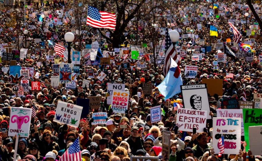 Massive crowds form for the third No Kings rally in St. Paul on March 28, 2026. Minnesota is hosting the flagship No Kings event following the incursion of 3,000 federal immigration agents here during Operation Metro Surge, which confronted resistance from tens of thousands of Minnesotans.