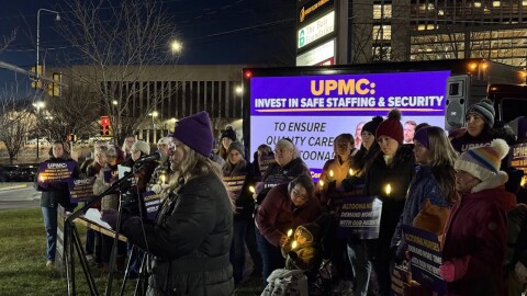 On Dec. 2, 2025, dozens of community members and union nurses at UPMC gathered across from the hospital as part of a "vigil for safety." Nurses have been calling on hospital leadership for improved safety measures, especially after a patient care technician was brutally attacked in the emergency department. 
