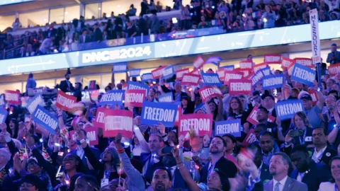 People in the crowd at the 2024 Democratic National Convention hold signs reading “freedom.”