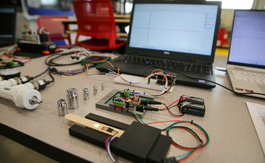 Electronics and instrumentation equipment on display at the workforce accelerator. Students in the college's electronics courses learn how to use devices such as microcontrollers to take physical measurements and convert them into digital data.