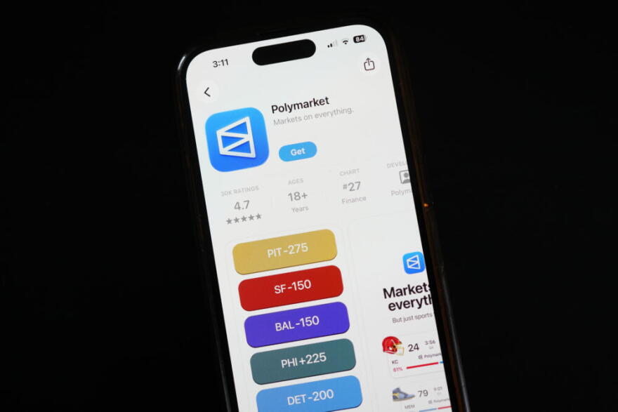The prediction market app Polymarket is displayed on a mobile phone, April 16, 2026, in Chicago. (Erin Hooley/AP)