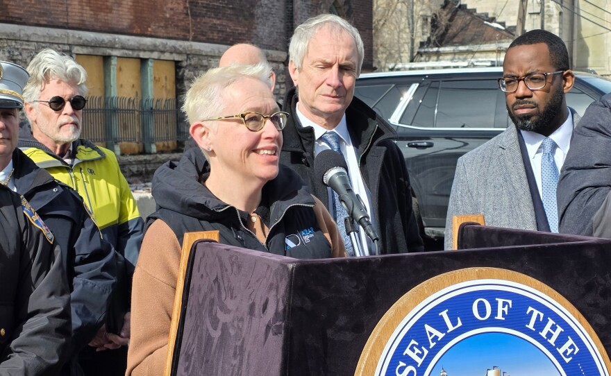 Preservation Buffalo Niagara chair Gwen Howard speaks at a press conference outside St. Ann's School on Feb. 19, 2026.