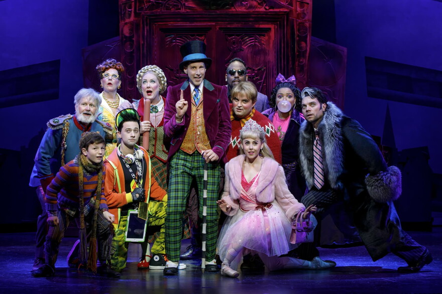Noah Weisberg as Willy Wonka, with the company of the Broadway musical "Charlie and the Chocolate Factory." (Joan Marcus/Courtesy of the production)
