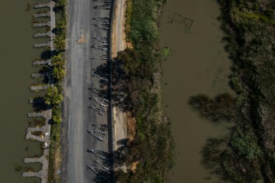 Boat trailers and docks sit empty in the Sacramento-San Joaquin River Delta near Bay Point on May 19, 2024.