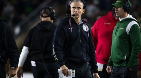 Florida State head coach Mike Norvell looks at the scoreboard during the second half of an NCAA college football game Saturday, Nov. 9, 2024, in South Bend, Ind. (AP Photo/Michael Caterina)