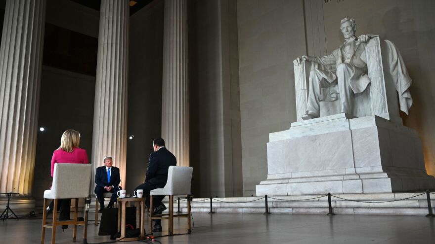 President Trump speaks during a Fox News Channel virtual town hall from the Lincoln Memorial on Sunday.