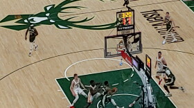 Milwaukee Bucks superstar Giannis Antetokounmpo drives to the basket June 23, versus the Atlanta Hawks.