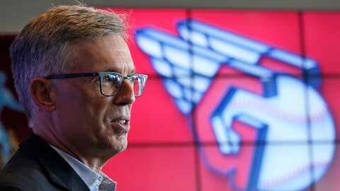 Cleveland Indians owner Paul Dolan speaks to the media as the new Indians logo is displayed, Friday, July 23, 2021, in Cleveland.