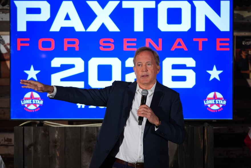 Texas Attorney General Ken Paxton, a Republican candidate for the U.S. Senate, speaks to supporters at a campaign event in McKinney, Texas, Tuesday, May 19, 2026.