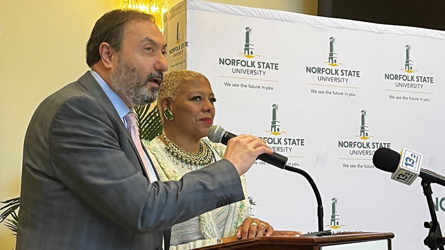 (Photo by Ryan Murphy) EVMS President Alfred Abuhamad (left) and NSU President Javaune Adams-Gaston announce the new ENRICHe initiative at Norfolk State on Tuesday, Jan 24.