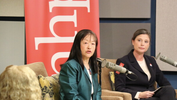 Republican Lily Tang Williams (left) and Democrat Maggie Goodlander (right) met at a candidate forum put on by the Granite State News Collaborative and hosted at NHPR, Oct. 28, 2024.