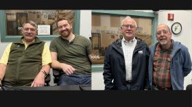 From left, Wayne Ogle, Patrick Parker, Dan Furlong and Mitch Michaud in the KDLL studio the week of Apr. 7, 2025 in Kenai, Alaska.