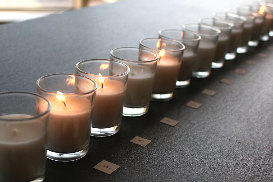 Candles are set out and numbered for each table's cadaver. Every candle was lit by students before the appreciation ceremony began.