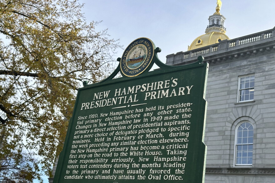 A marker outside the Statehouse in Concord, N.H. describes the history of the state's first-in-the-nation presidential primary. 