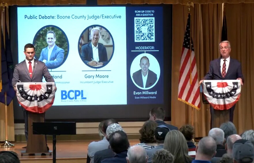 Boone County Commissioner Chet Hand (left) and current Judge/Executive Gary Moore (right) debate at the Boone County Public Library April 7, 2026.