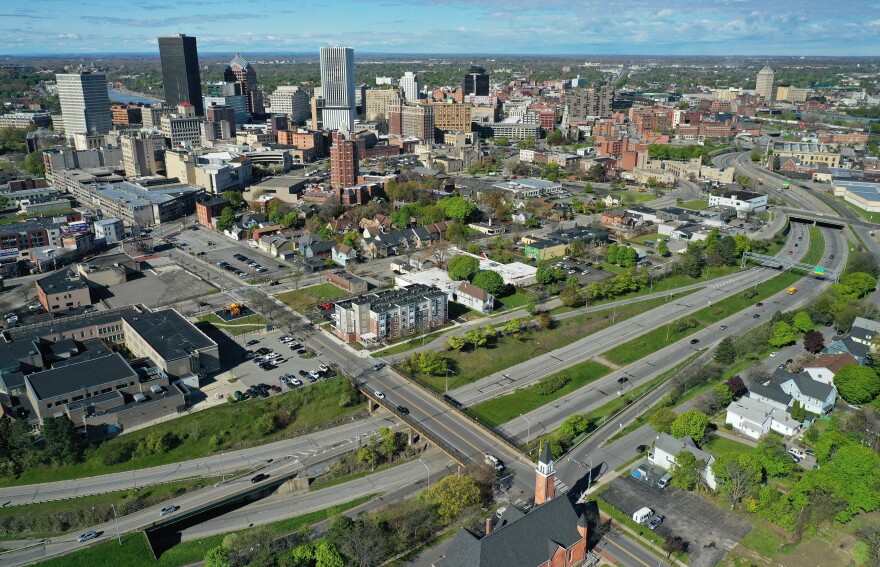 an aerial view of the northern portion of Rochester's Inner Loop highway.