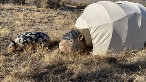 Puppets at the Bruneau Sand Dunes stand in for future digital Ice Age creatures, like this Giant Armadillo for the series "Prehistoric Planet."