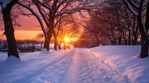 snowy path leading towards winter solstice sunset, created with generative ai