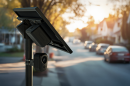 a black, pole-mounted camera on a residential street with a solar power panel