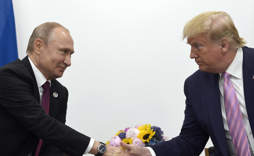 President Trump with Russian President Vladimir Putin on the sidelines of the G-20 summit in Osaka, Japan, last month. Freedom House notes Trump's embrace of authoritarian leaders such as Putin and North Korea's Kim Jong Un.