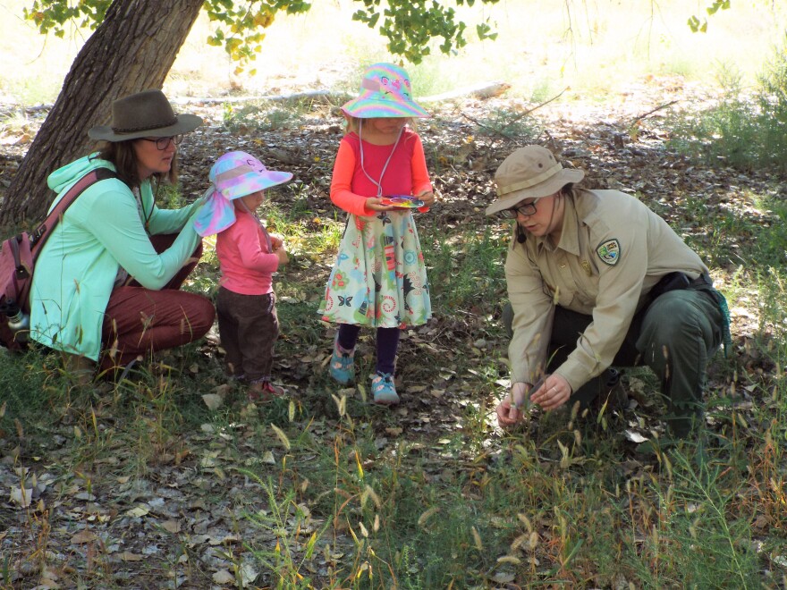 A park ranger shows a mother and her two children a forest plant. From the "Growing Gardens" ad