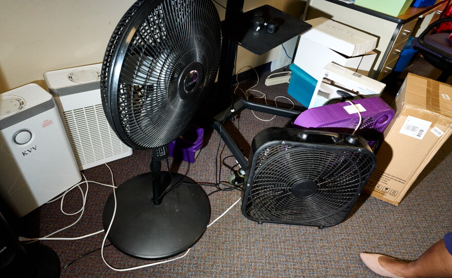A collection of fans used due to the failing HVAC system at Olds Elementary School on Wednesday October 7, 2026.