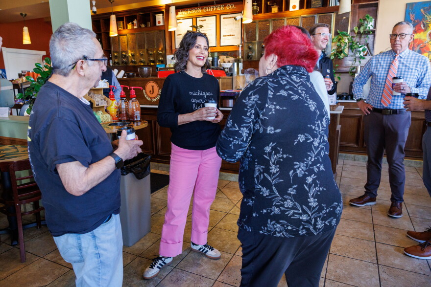 Gov. Gretchen Whitmer greets customers at a coffee shop in Jackson, Mich., on Oct. 29, 2026.