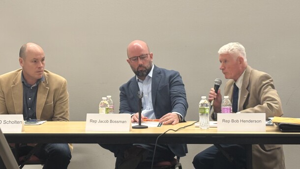 Iowa lawmakers from Sioux City, from left J.D. Scholten, Jacob Bossman and Bob Henderson, participated in a legislative forum by the League of Women Voters-Sioux City on March 28, 2026. (Bret Hayworth, Siouxland Public Media News)