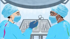 An illustration of two people looking at surgical tools.