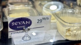 The rich, clotted cream known as kaymak is displayed in a case in Sevan Bakery in Watertown, Mass.