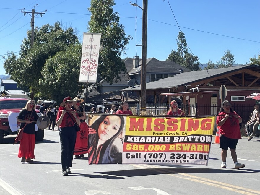 Women march in the Round Valley Indian Days Parade to raise awareness for Khadijah Britton and Missing Murdered Indigenous Women (MMIW).