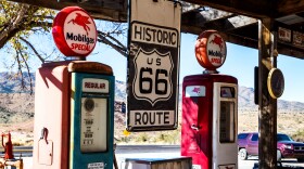 Retro style Gas Station in the Route 66 with old cars and fancy things catching the attractions of tourists that are on the road traveling Williams, Arizona.